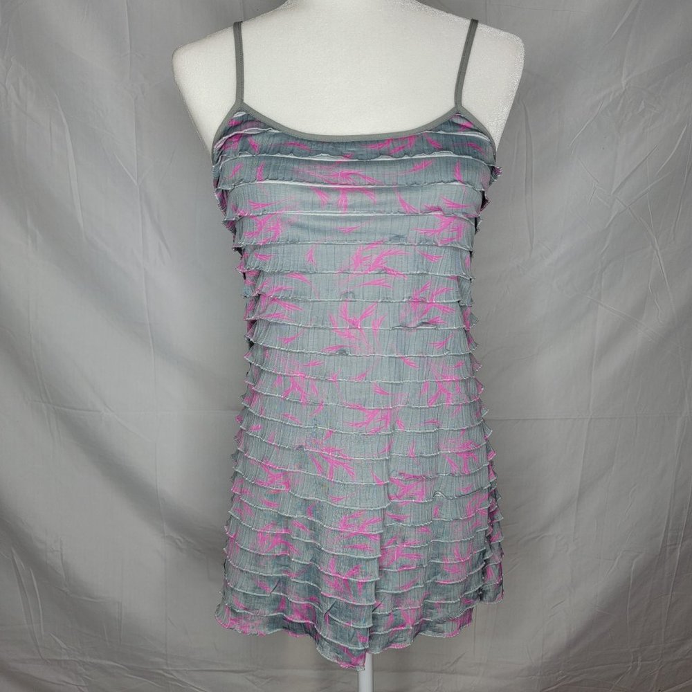 Free People Ruffle Mini Slip Dress, Pink and Gray Feather Print, XSmall, NWOT